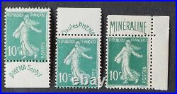 10 c. Vert, les 3 timbres neufs Yvert 188, 188A et 188B, TTB, cote 850