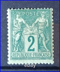 FRANCE TYPE SAGE 2 CENTIMES VERT N° 62 de 1876 NEUF GOMME D'ORIGINE 1800 Euros