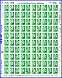 Feuille De 100 Timbres Lettre Verte Surchargee Marianne L'engagee 50 Ans Graves