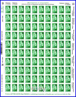 Feuille De 100 Timbres Lettre Verte Surchargee Marianne L'engagee 50 Ans Graves