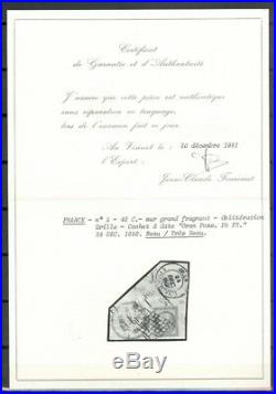France, timbre N°5 obl. Grille sur fragment, signé Roumet, certificat Fourcaut