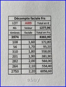 LOT DE TIMBRES NEUFS FACIALE EN FRS VENDU A 45% DE LA FACIALE VF 1277 (Ai89)