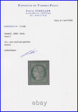 Lot 1779 n°2 Cérès 15c vert neuf  BELLE NUANCE aminci Certificat Scheller