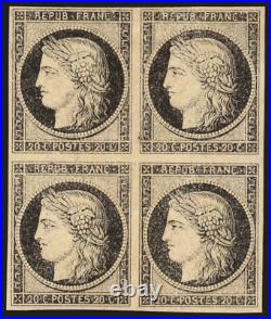 N°3, bloc de quatre, Cérès 1849, 20c noir sur jaune, essai, neuf  TB