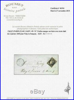 N°3 cérès 20 centimes noir oblitéré t 15 du 02 janvier 1849 sur lettre