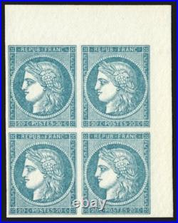 N°8, bloc de quatre, 20 bleu non-émis, réimpression Périgueux sur papier velin