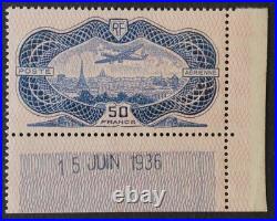 Yvert poste aérienne 15, 50 f. Burelé neuf, coin de feuille daté